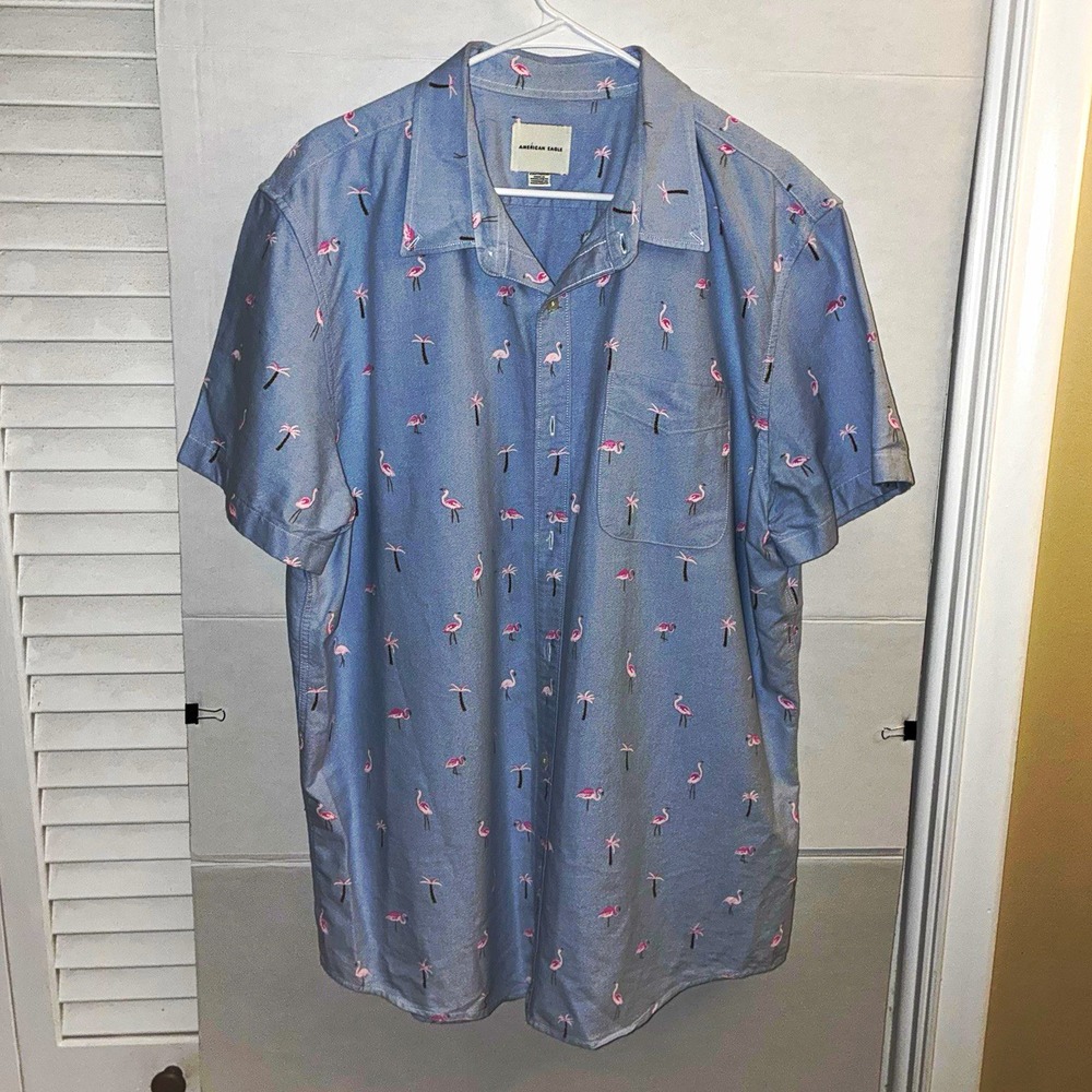 American Eagle Men's XXL Blue Tropical Floral Print SS Button-Up Point Collar